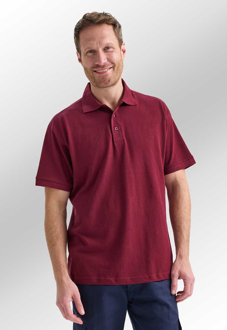 model wearing Men's Ultra Cotton Polo Shirt in maroon