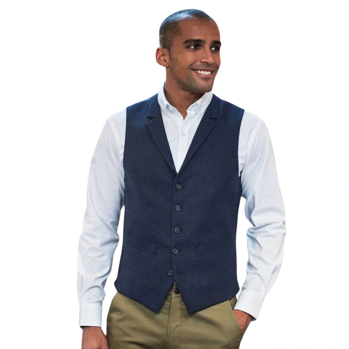 mens work oufit including white shirt and blue waistcoat