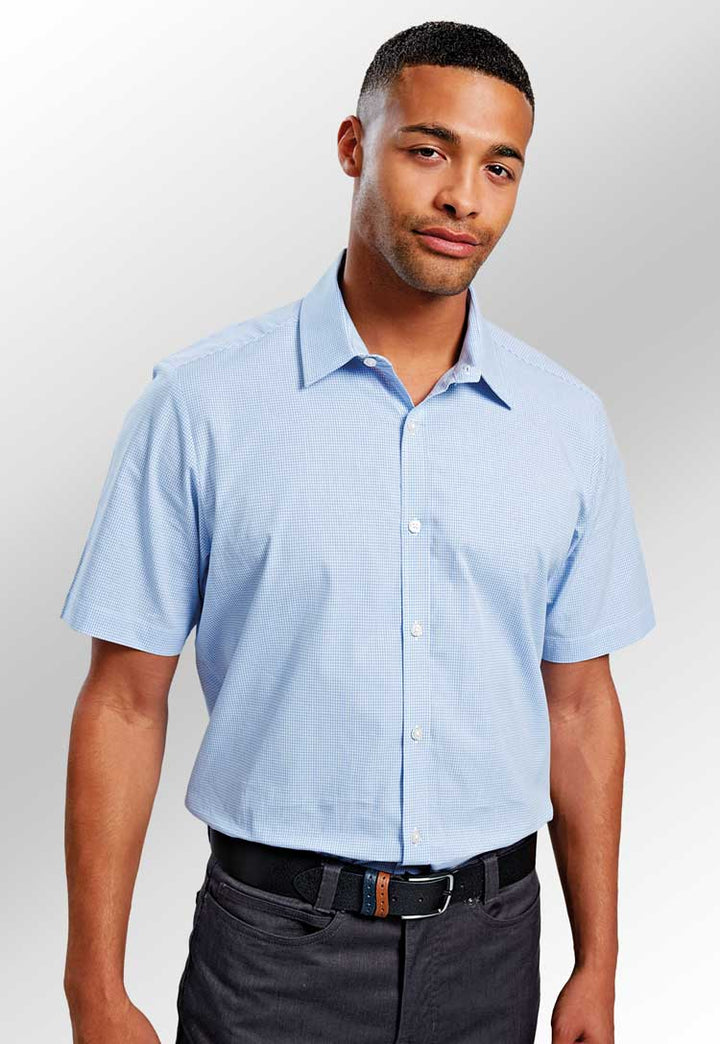 Model wearing Microcheck Short Sleeve Cotton Shirt PR221