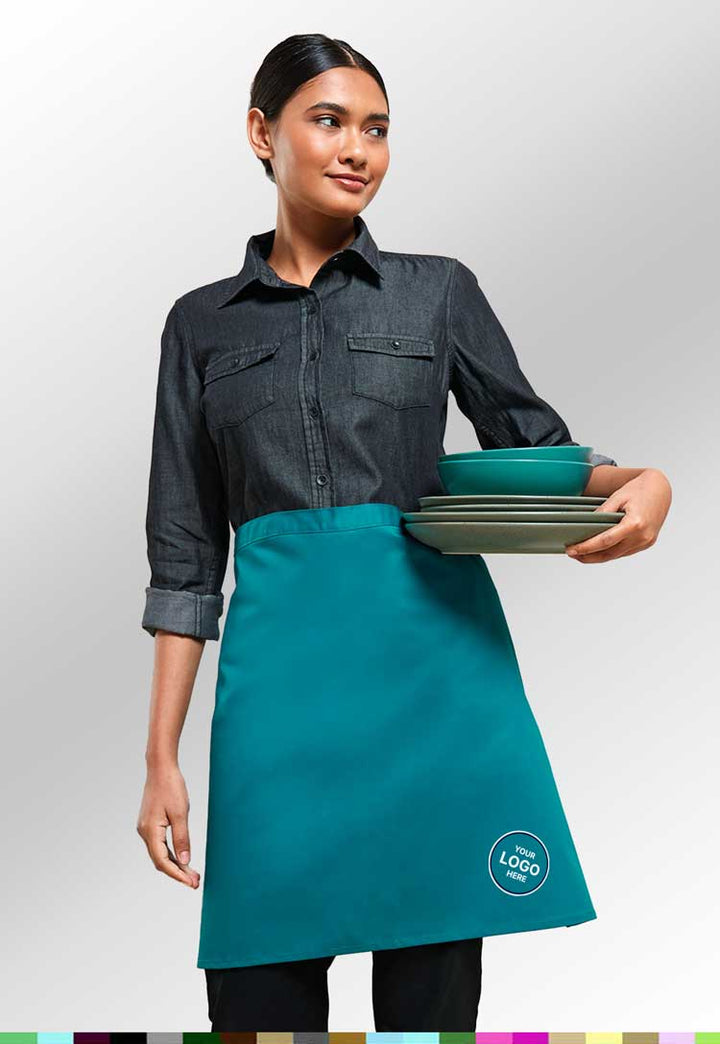 Model Wearing Mid Length Waist Apron PR151 in Teal with Free Embroidery (Bundle of 10)