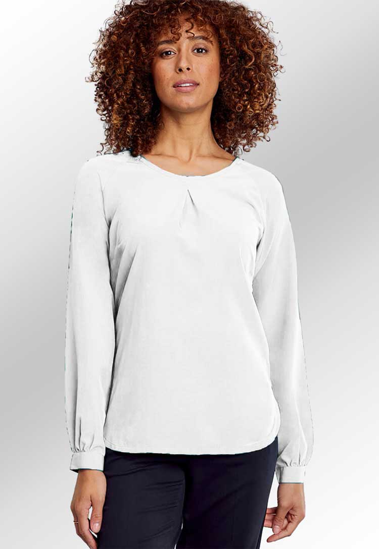 Model Wearing Mona Round Neck Blouse Long Sleeve in White