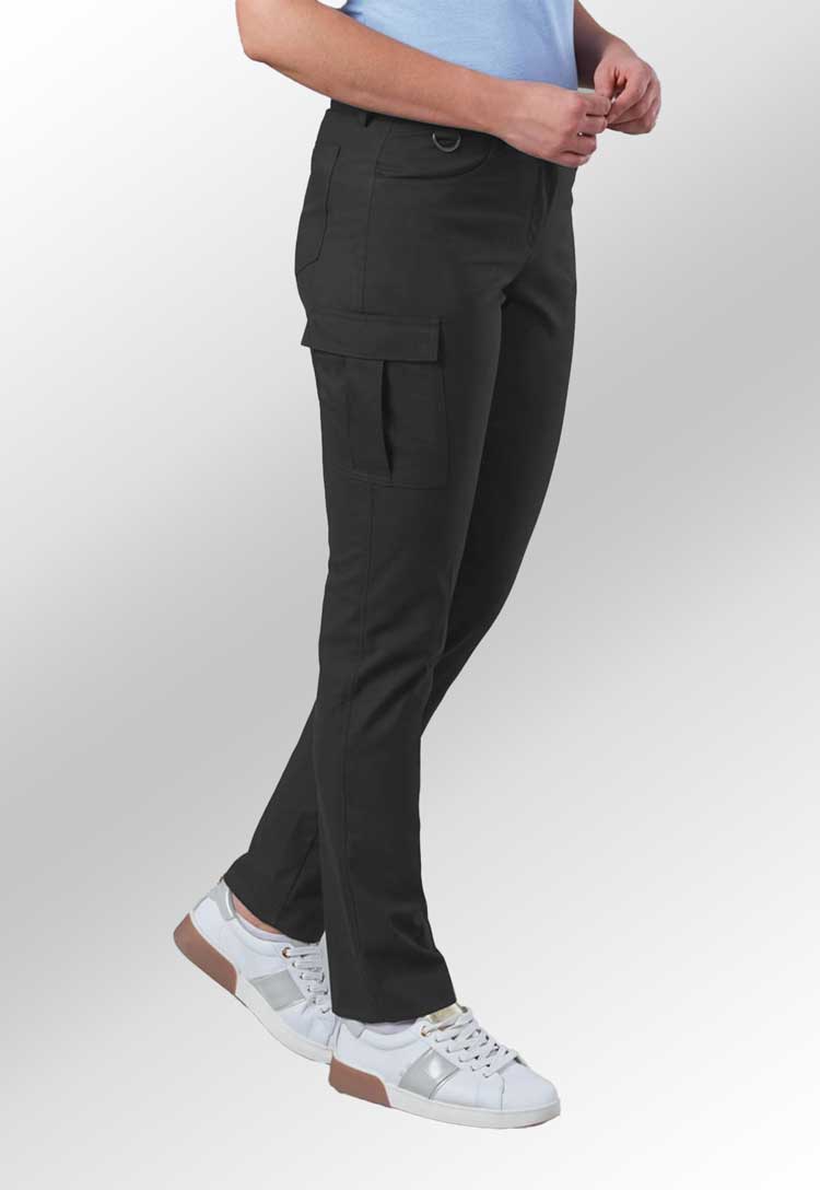 Model Wearing Nantes Tailored Leg Ladies Cargo Trousers 2375 in Charcoal