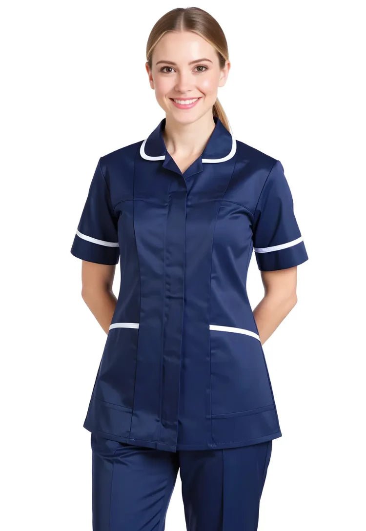 Woman wearing a navy blue nurses uniform with white trim