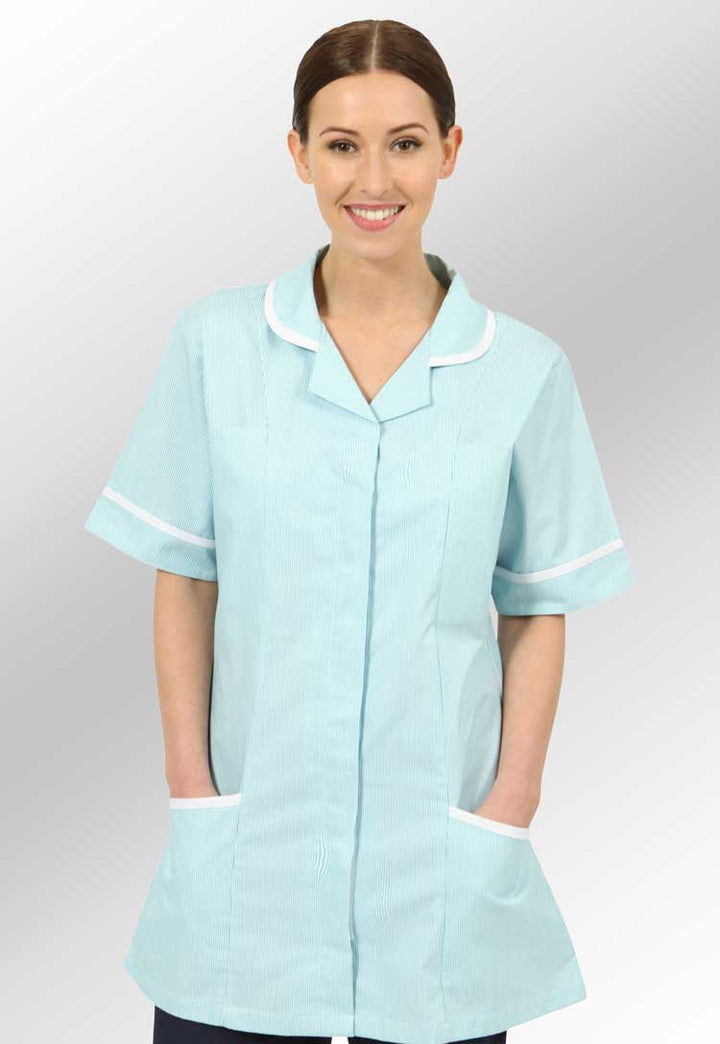 Model Wearing Women's Healthcare Striped Nurses Tunic NCLTPS-GWSWT in Green White Stripe/White Trim