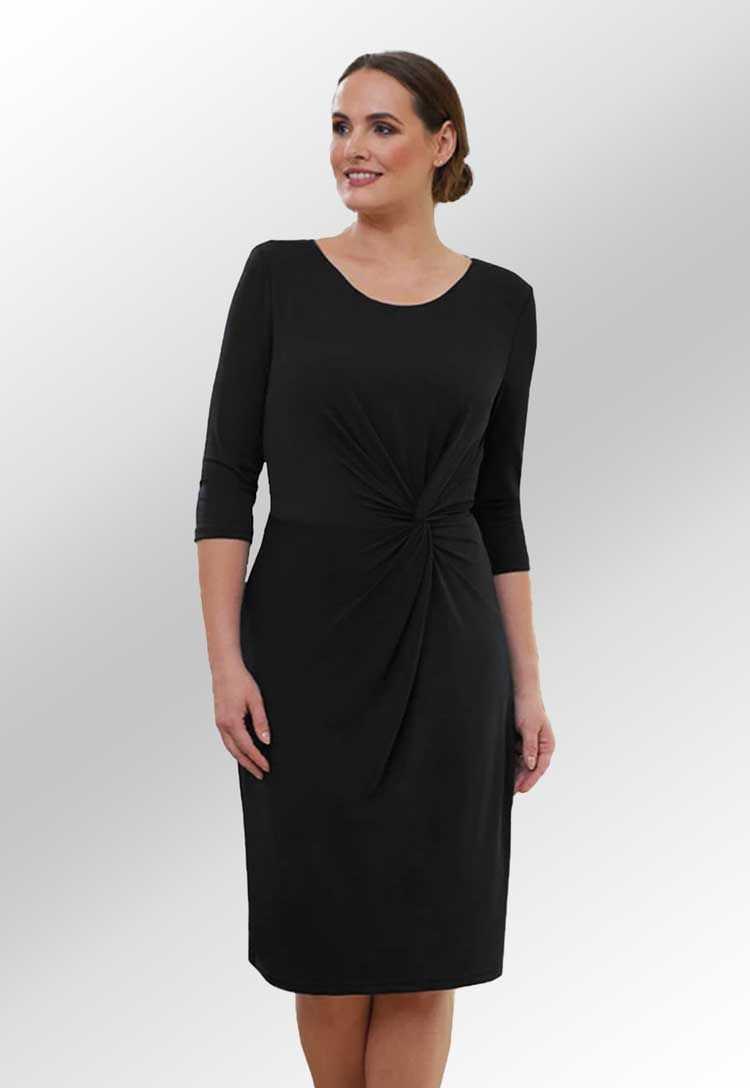 Model wearing Black Stretch Funeral Dress in  black