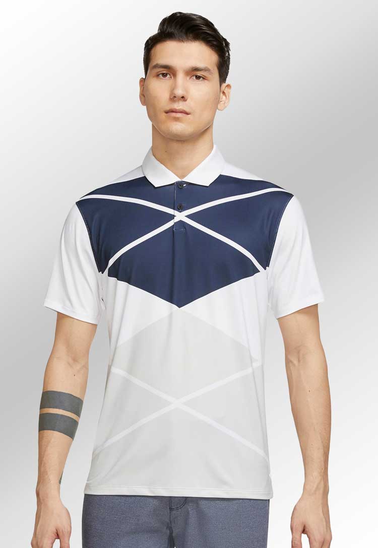 Model wearing Nike Vapor Argyle Print Polo NK338 in white