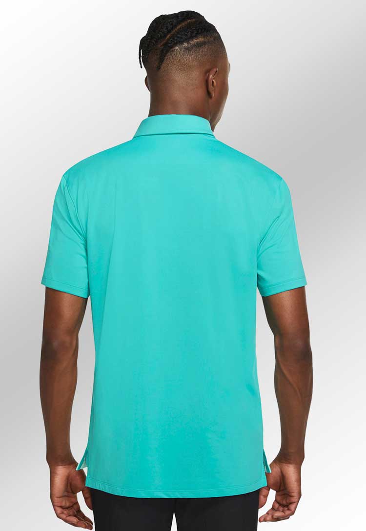 Model wearing Nike Vapor Argyle Print Polo NK338 in teal rear view