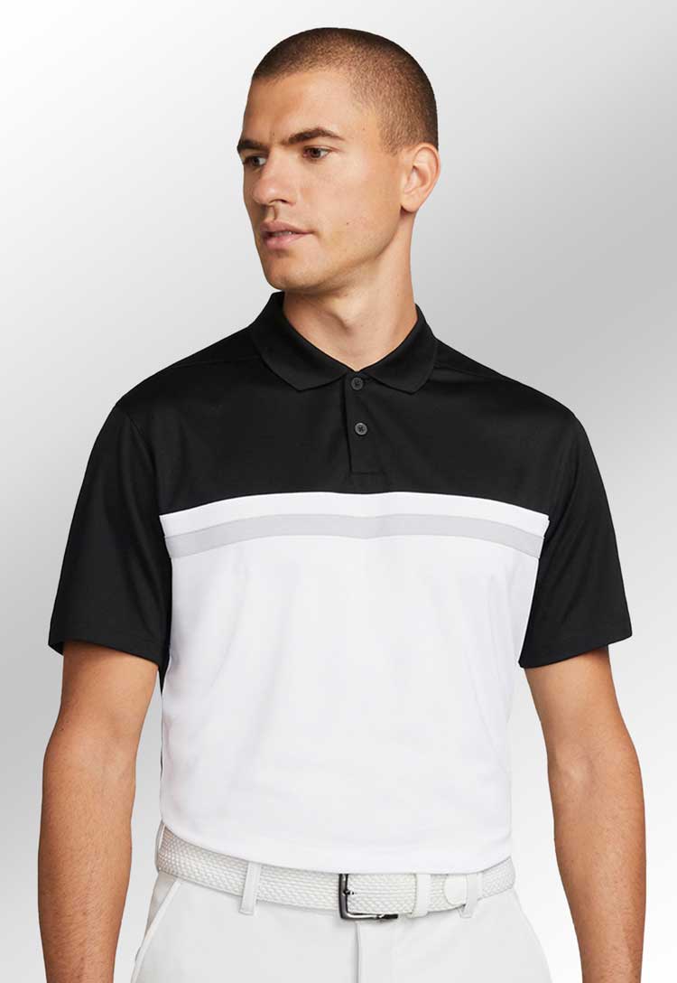 Model wearing Nike Victory Colour Block Polo NK343 in black