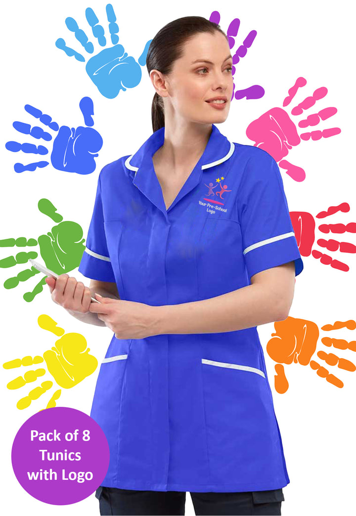 Model Wearing Branded Tunic in Royal Blue - Bundle for Nursery Staff