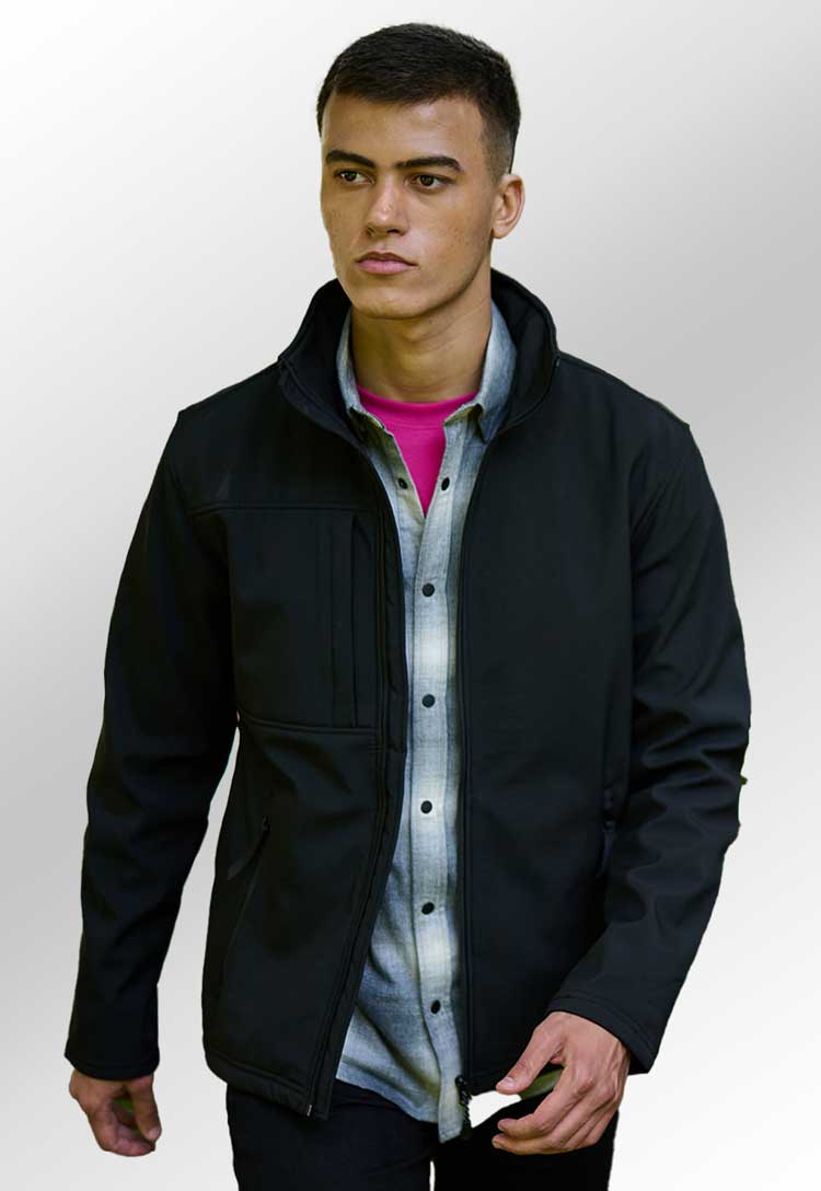 Model Wearing Regatta Octagon II Printable 3-Layer Membrane Softshell RG194 in Black