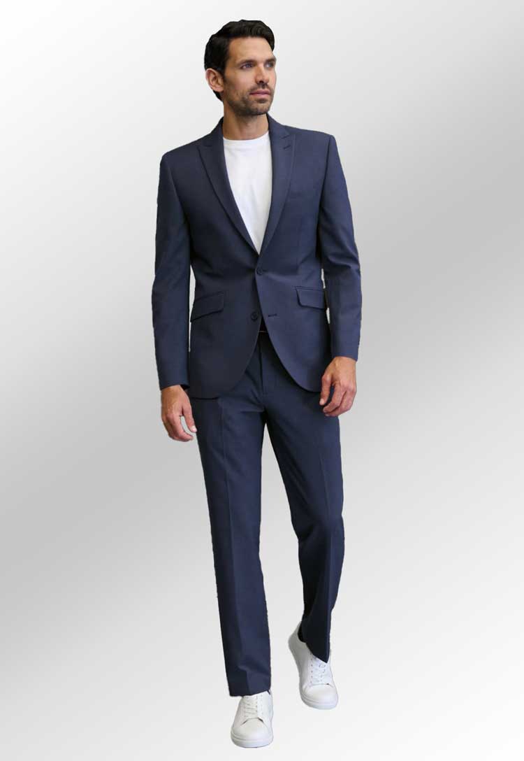 Model Wearing Oliver Tailored Fit Trouser 8025 in Denim with Suit Jacket