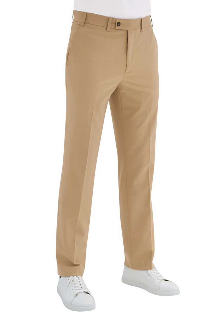 Model Wearing Oliver Tailored Fit Trouser 8025 in Sand 