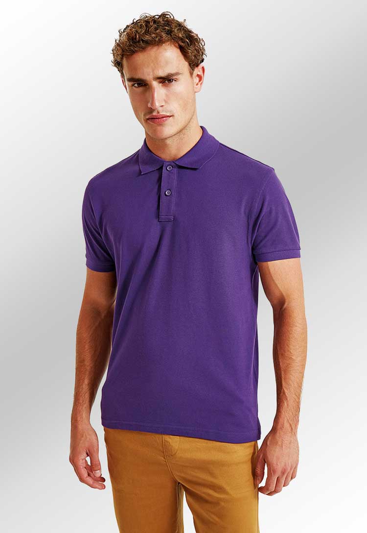 Men's Organic Polo AQ082 in purple worn by model