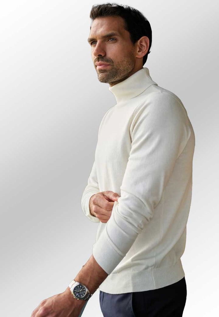 Model wearing Oslo Marino Wool Rollneck Jumper 4568 in cream