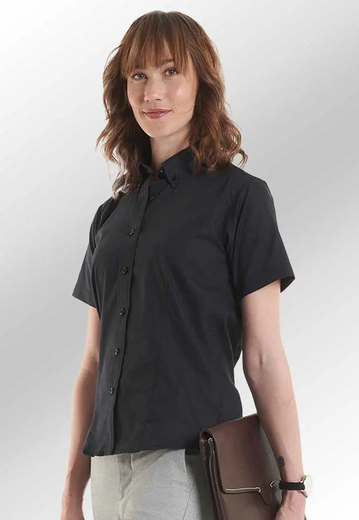 Model Wearing Ladies Pinpoint Oxford Half Sleeve Shirt UC704 in Black