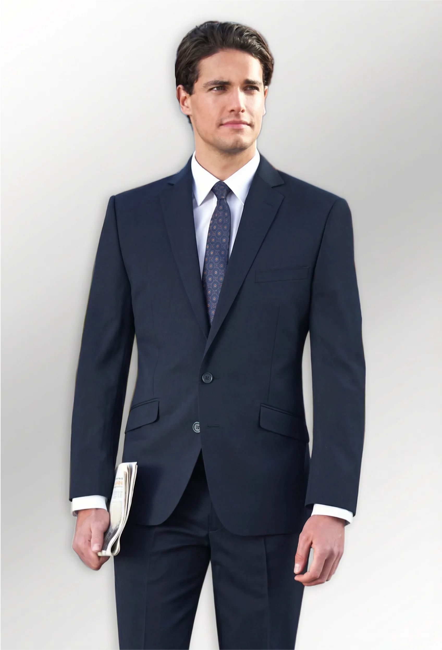 Model wearing the Navy Holbeck Jacket from the Brook Taverner Performance Menswear Collection.