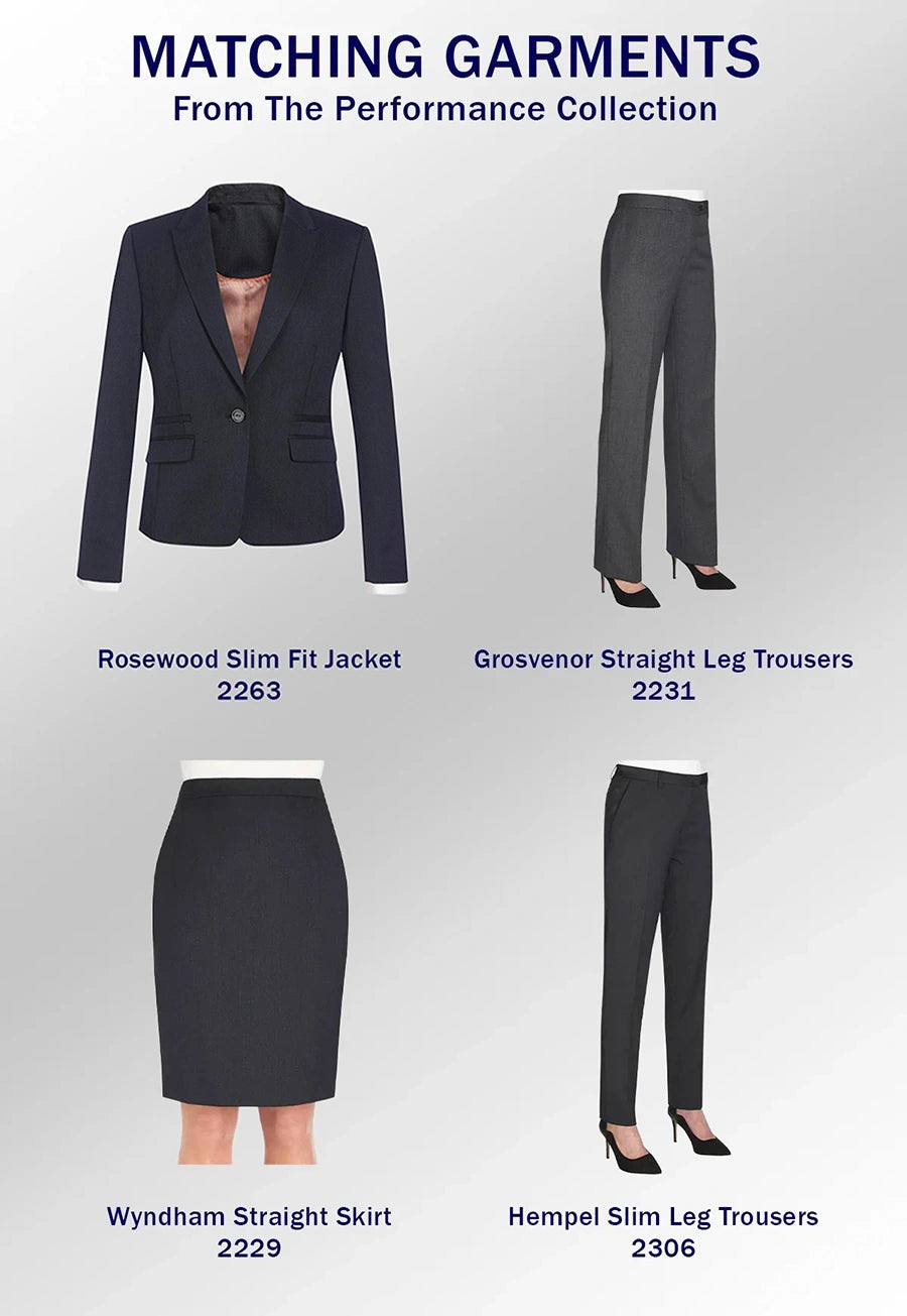 A matching women's performance collection set featuring a navy blazer, dark gray trousers, a white-and-navy skirt, and dark slim-fit trousers, shown with product names and numbers on a light gray background.