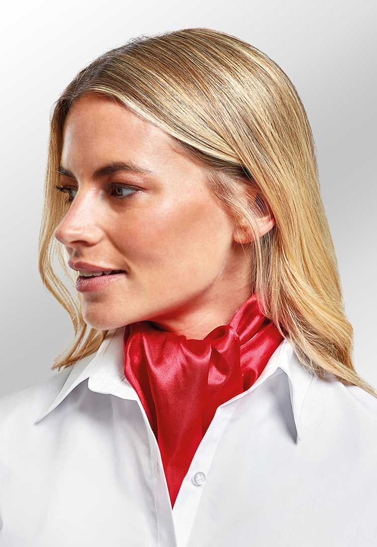 Model Wearing Satin Scarf PR730 in Red