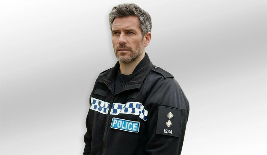 Model wearing UK Police Insignia from The Work Uniform Company