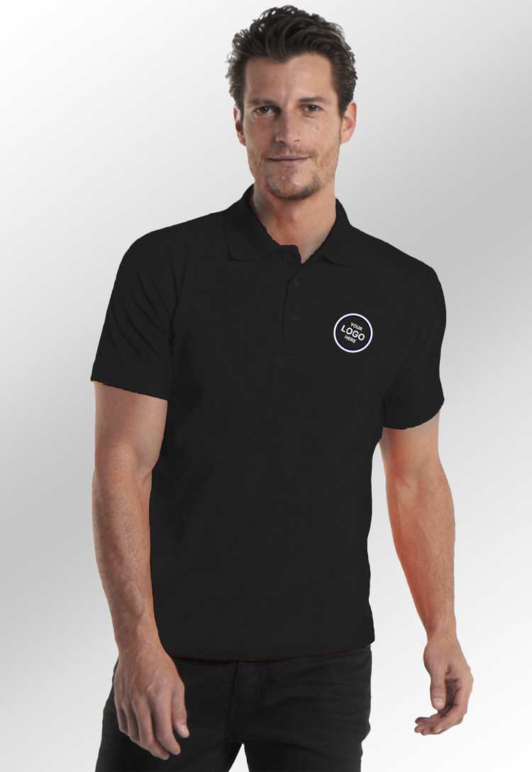 Model Wearing Classic Polo Shirt UC101 in Black with Free Logo Embroidery (Bundle of 8)