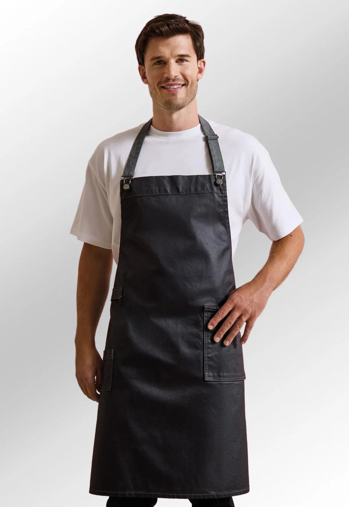 Stylish Waxed Look Denim Bib Apron - The Work Uniform Company