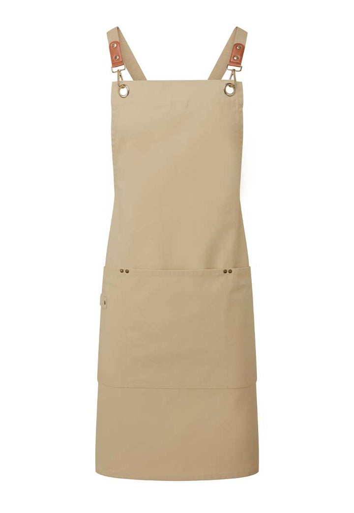 A PR182 Clip ‘n’ Clasp cross-back bib apron in Khaki