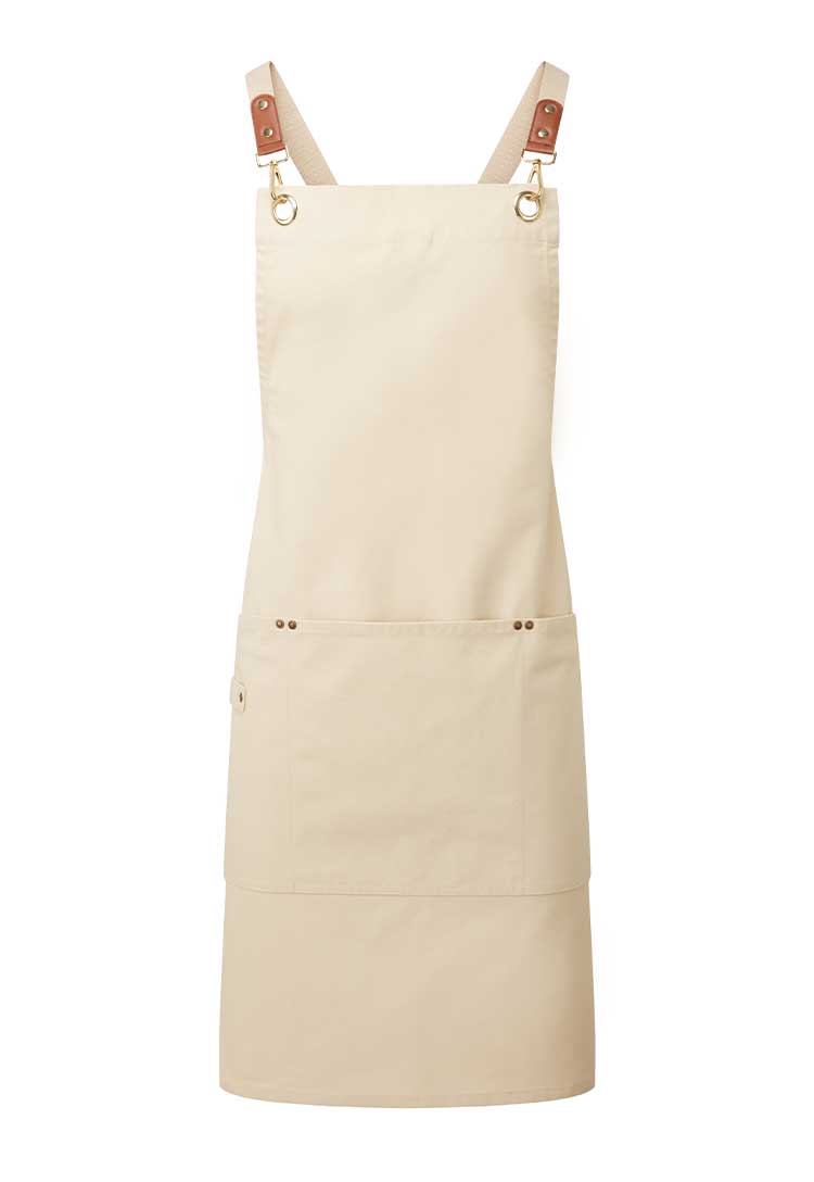 A PR182 Clip ‘n’ Clasp cross-back bib apron in Natural