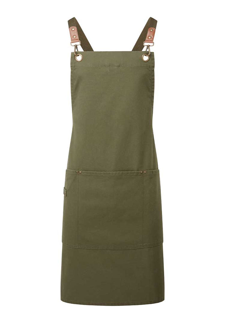 A PR182 Clip ‘n’ Clasp cross-back bib apron in Olive