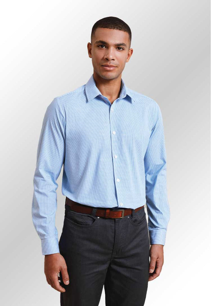 Model wearing PR220 Microcheck (Gingham) long sleeve cotton shirt in Light Blue/White