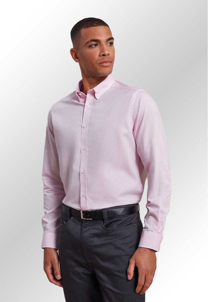 Model wearing PR238 Cotton-rich Oxford stripes shirt in White/Pink