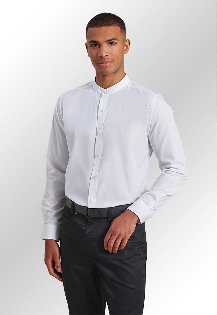 Model wearing PR258 Banded collar grandad long sleeve shirt in White