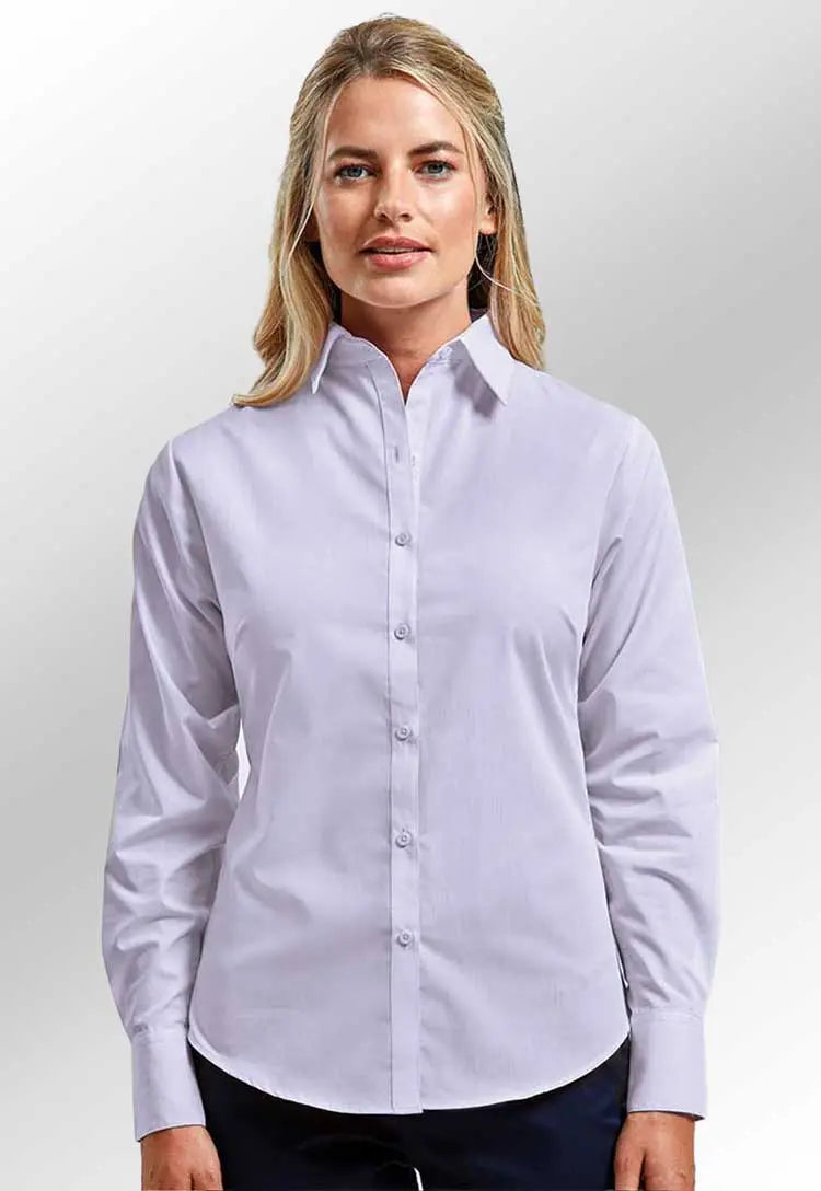 Model Wearing Women's Cool Long Sleeve Poplin Blouse PR300 in White