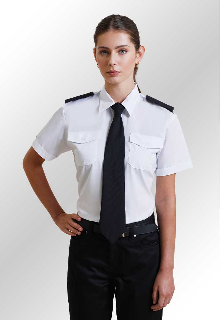 Model wearing a PR312 Women's short sleeve pilot blouse in White