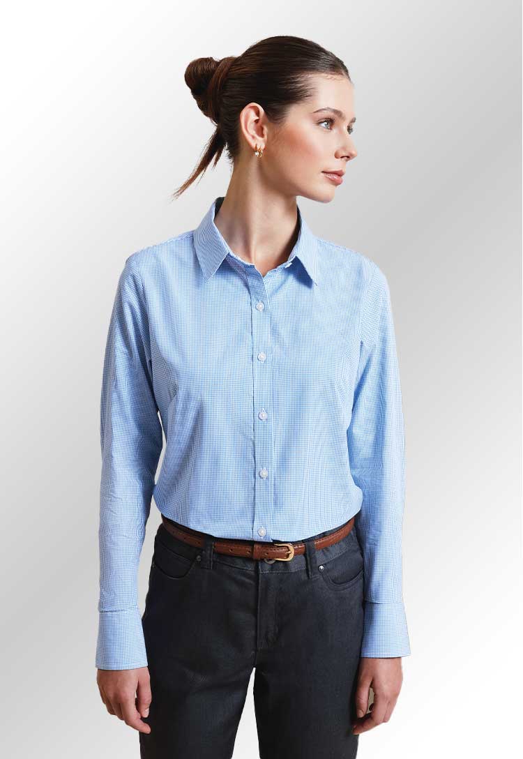 Model wearing a PR320 Women's Microcheck (Gingham) long sleeve cotton shirt in Light Blue/White