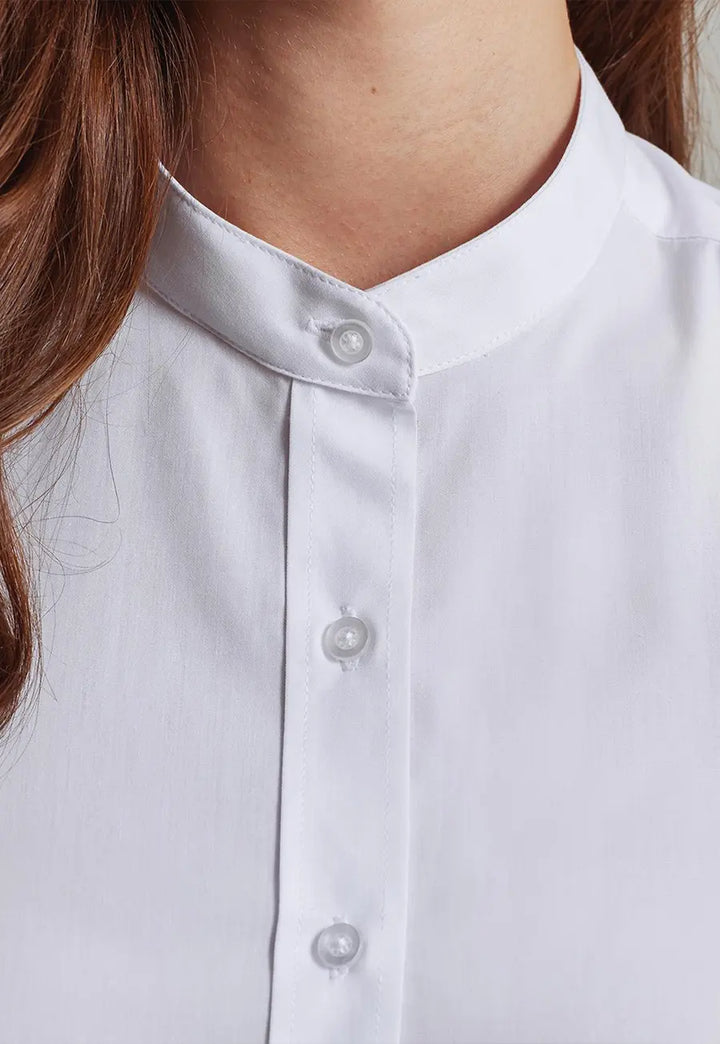 Close-up of the Women's Banded Collar Grandad Long Sleeve Shirt PR358 collar in white.