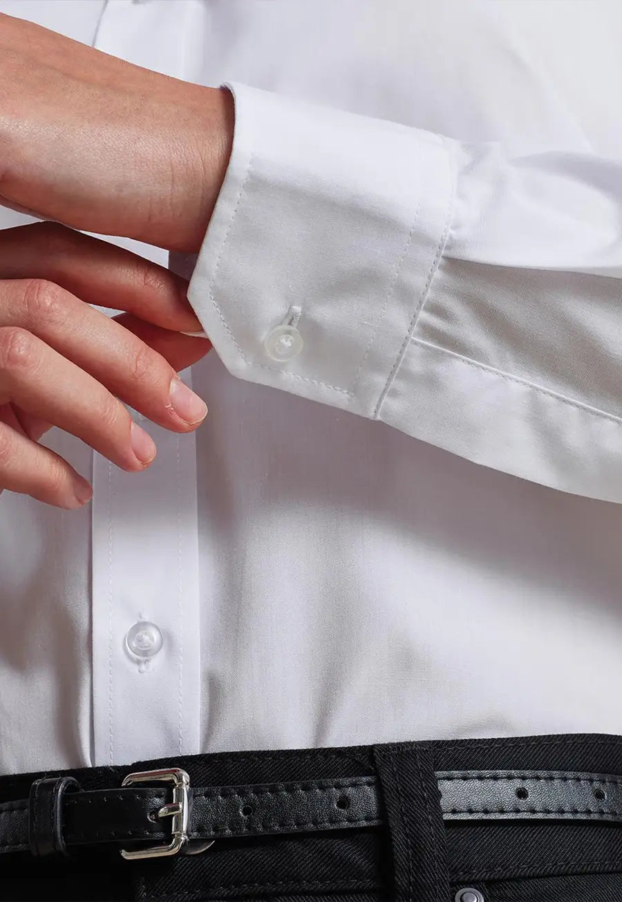 Close-up of the Women's Banded Collar Grandad Long Sleeve Shirt PR358 Cuff in White.
