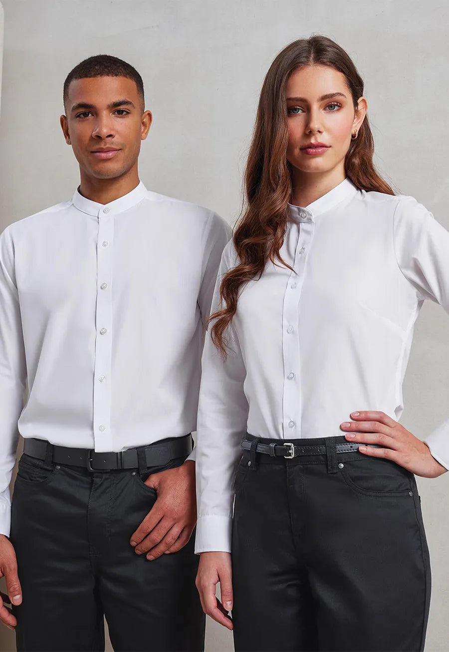 Models wearing the Women's Banded Collar Grandad Long Sleeve Shirt PR358 & PR258 in White.