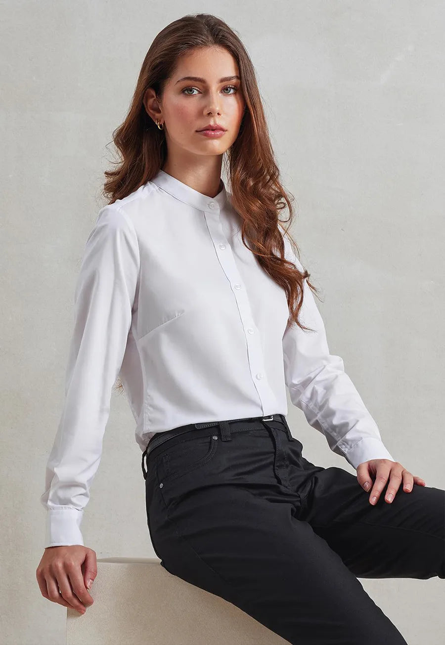 Model wearing the Women's Banded Collar Grandad Long Sleeve Shirt PR358 in White.