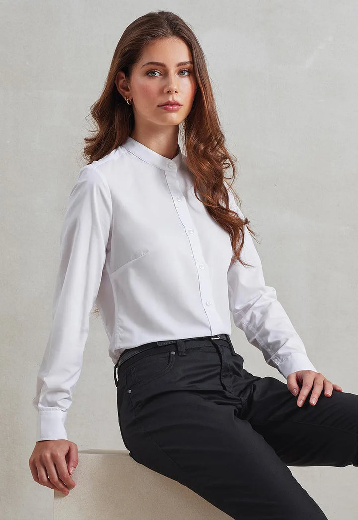 Model wearing the Women's Banded Collar Grandad Long Sleeve Shirt PR358 in White.