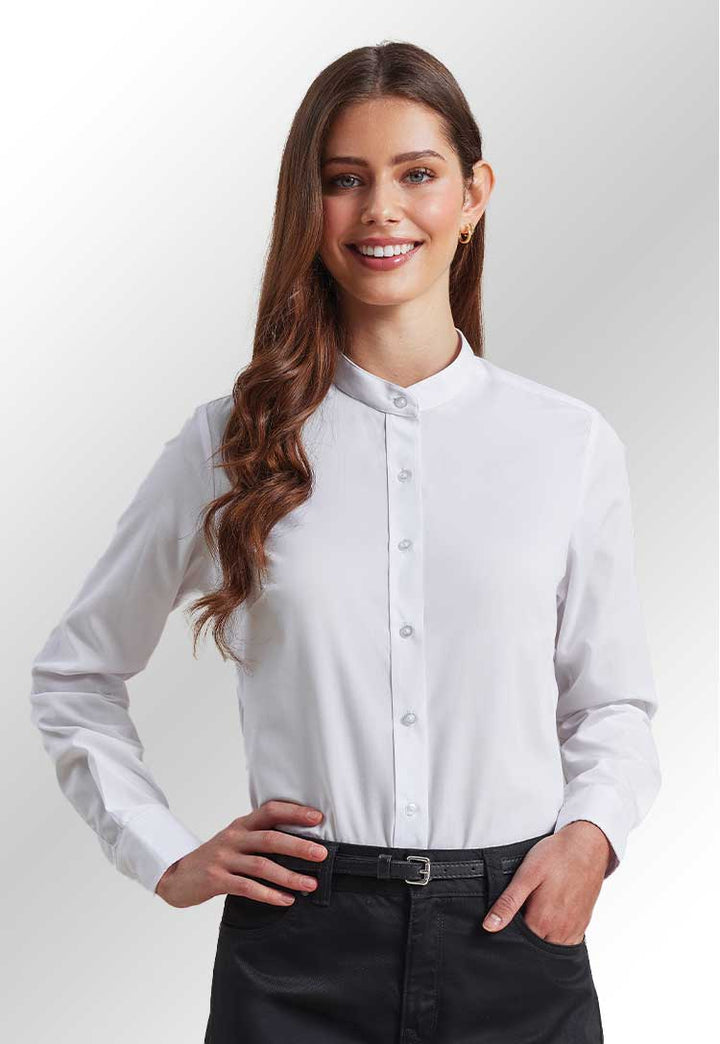 A model wearing PR358 Women's banded collar 'grandad' shirt in White