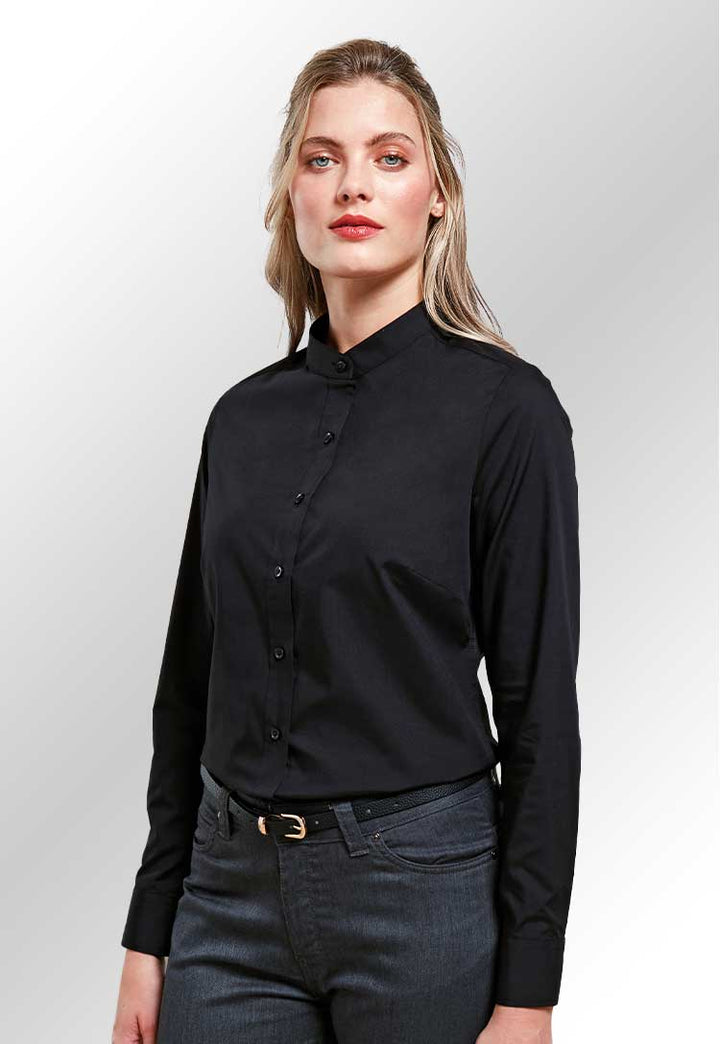 A model wearing PR358 Women's banded collar 'grandad' shirt in Black