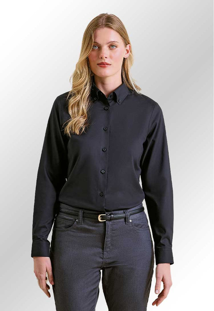 Model wearing a PR384 Women’s ‘Supreme’ Oxford long sleeve shirt in Black