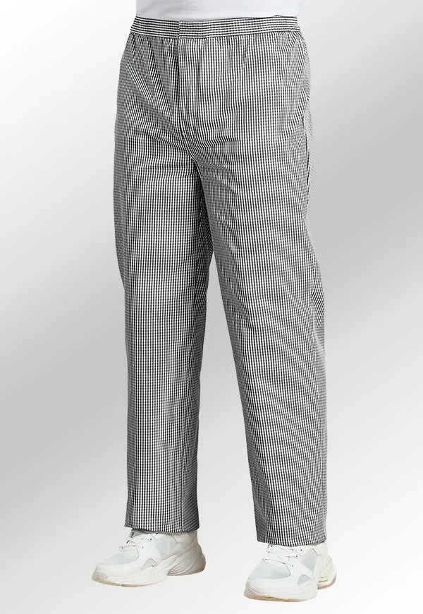 Model wearing the Pull On Chef's Trousers PR552 in Black/White Check.