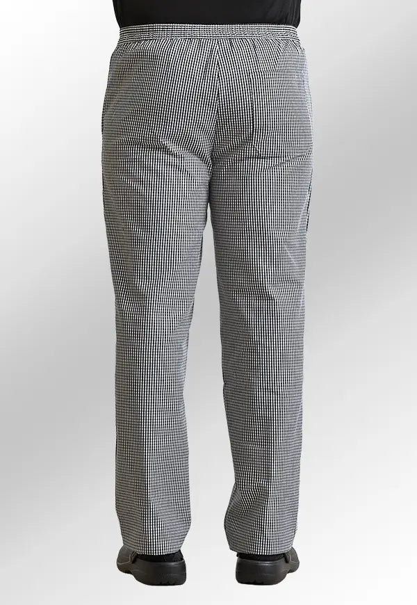 Rear view of model wearing the Pull On Chef's Trousers PR552 in Black/White Check.