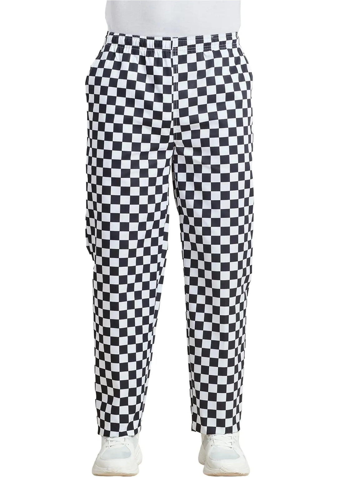 Model wearing the Essential Chef's Trousers PR553 in Black/White Check.