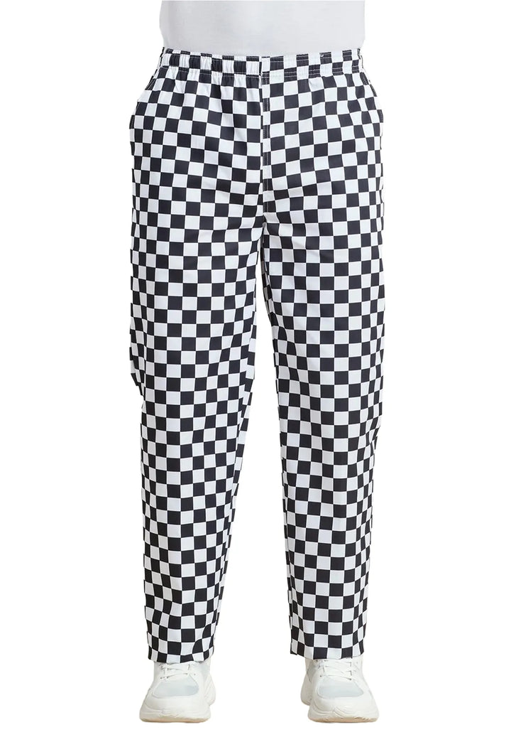 Model wearing the Essential Chef's Trousers PR553 in Black/White Check.