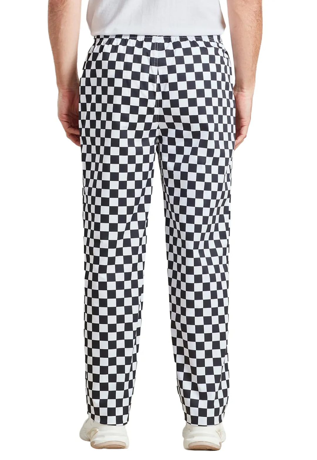 Rear view of model wearing the Essential Chef's Trousers PR553 in Black/White Check.