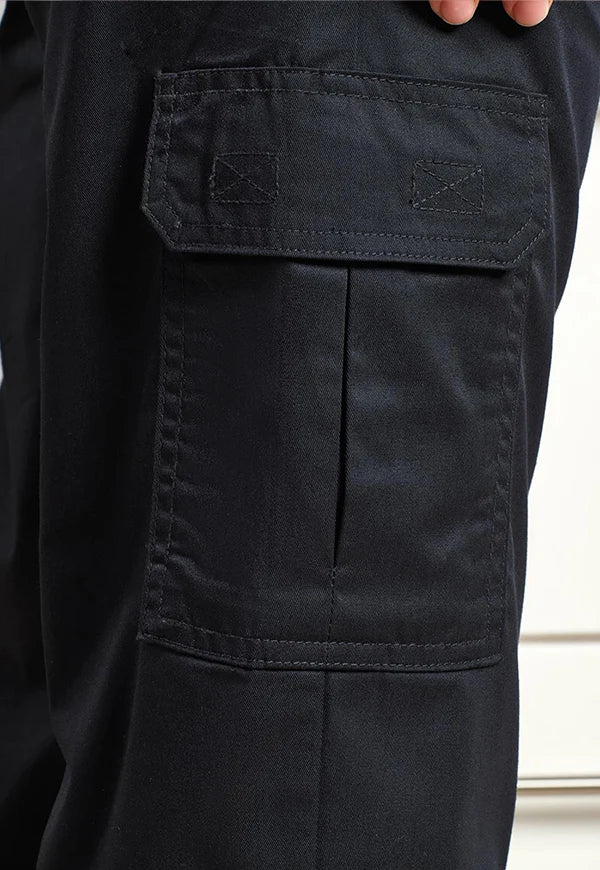 Side pocket view of the Chef's Essential Cargo Pocket Trousers PR555 in Black.
