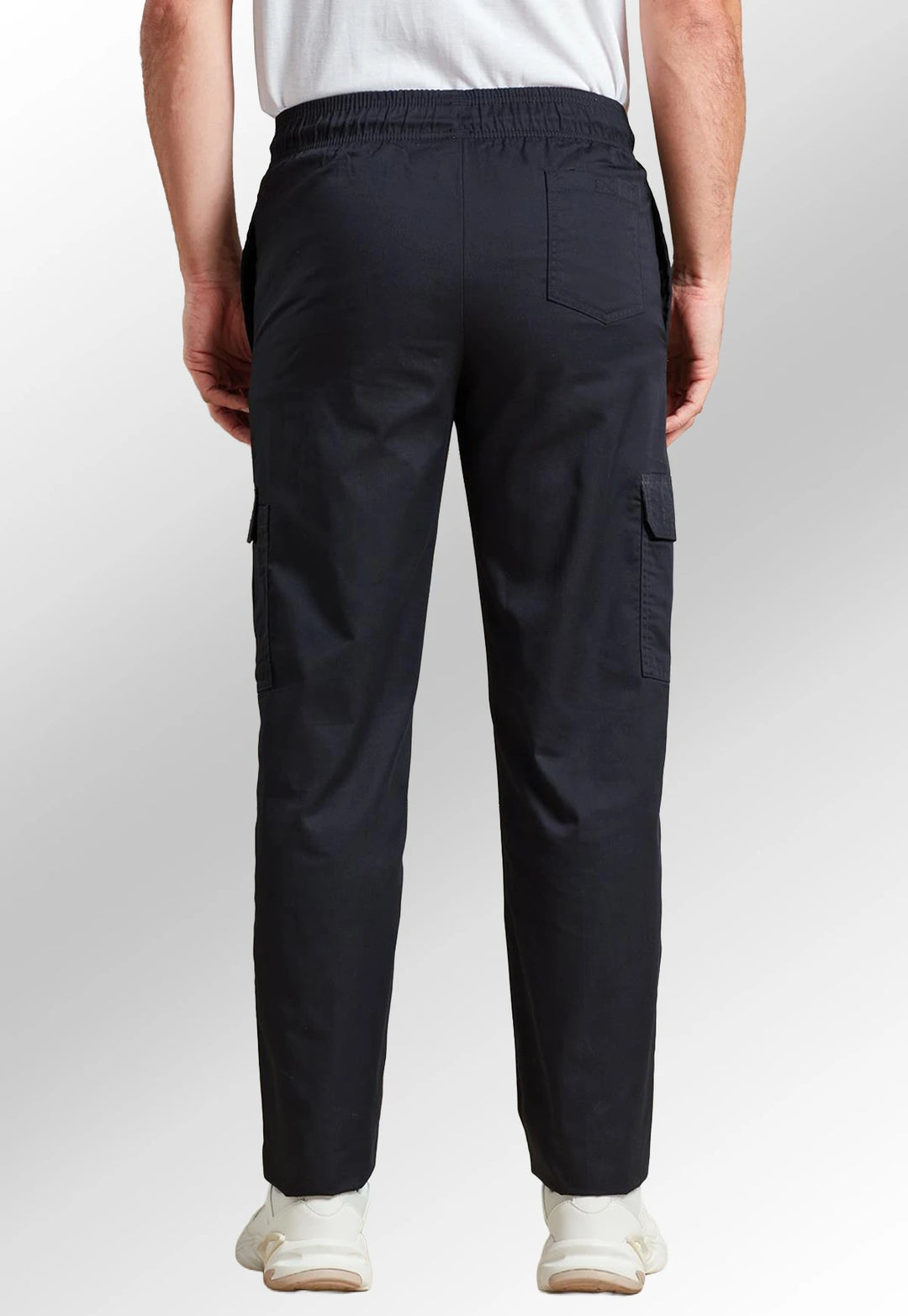 Back view of model wearing the Chef's Essential Cargo Pocket Trousers PR555 in Black.