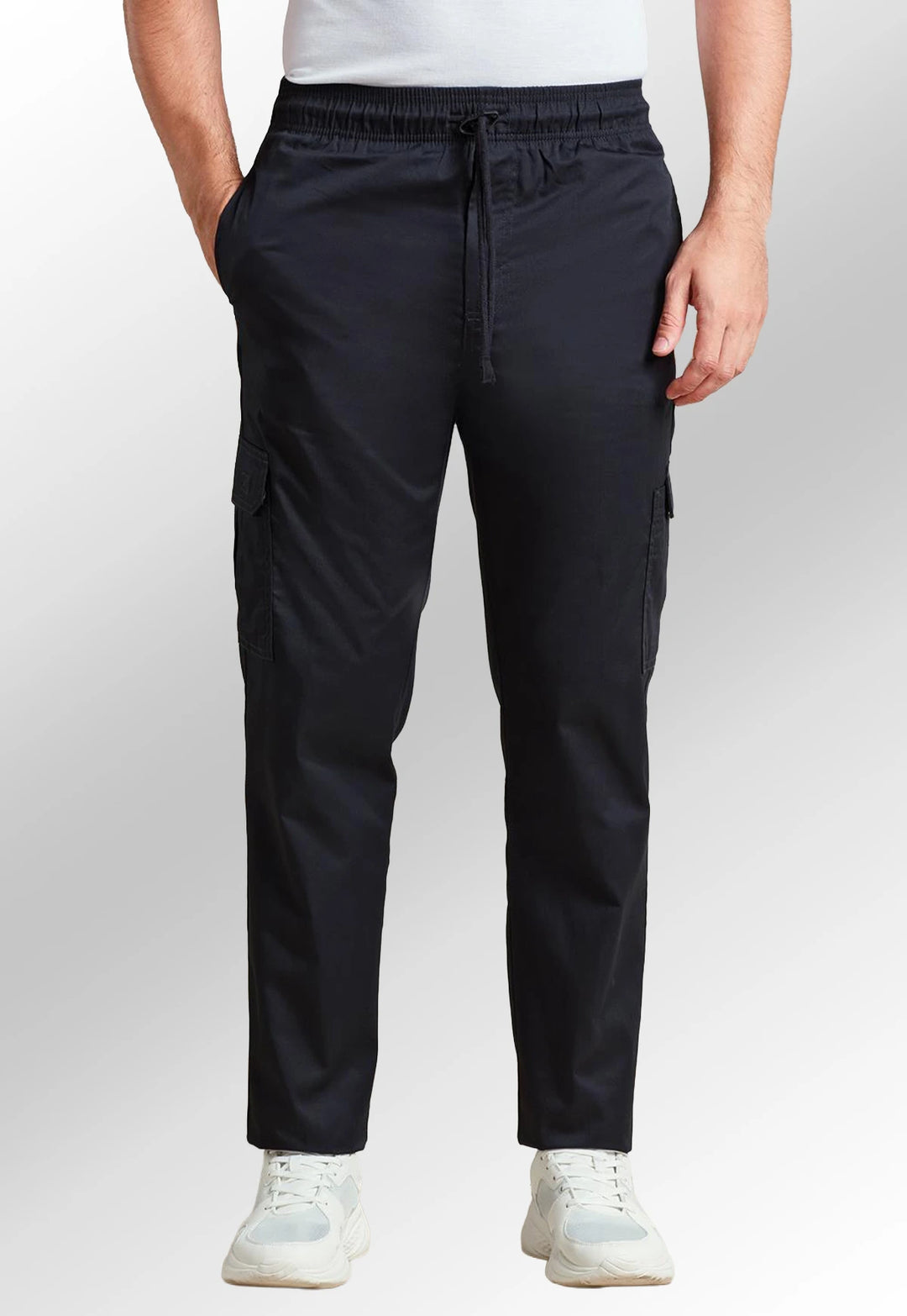 Model wearing the Chef's Essential Cargo Pocket Trousers PR555 in Black.